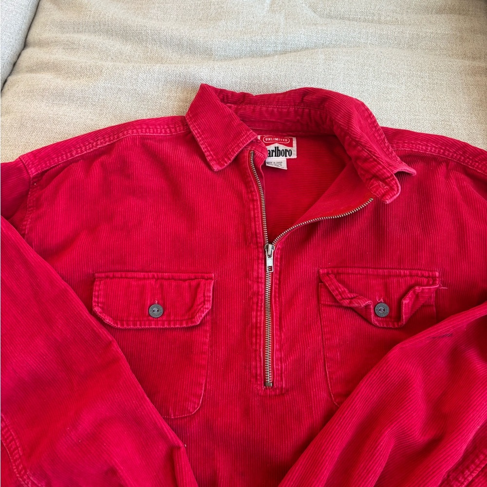 Marlboro Unisex Red Corduroy Jacket Quarter Zip Vintage